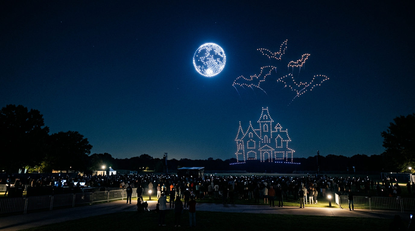 Custom Halloween drone light show with bats and haunted house