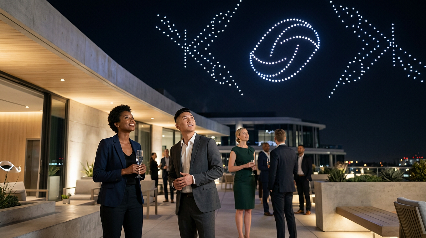 Corporate event with a custom drone light show in the night sky