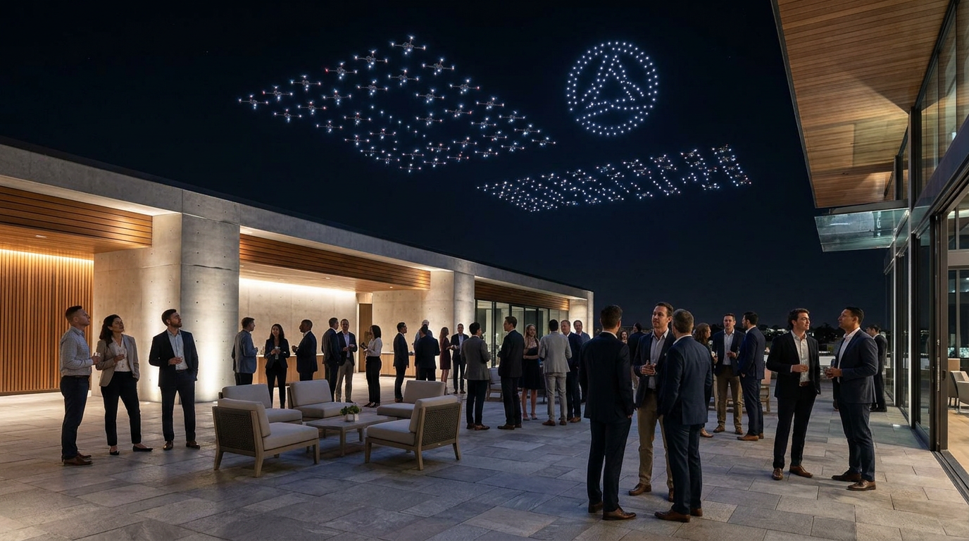 Corporate event guests watching a professional drone light show at night