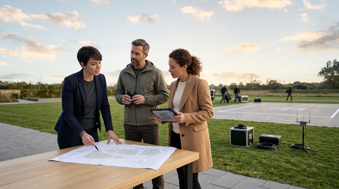 Event team planning a drone light show at an outdoor venue