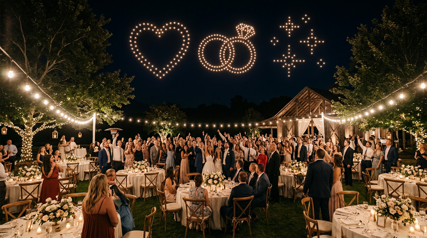 Wedding guests watching a custom drone light show as a fireworks alternative