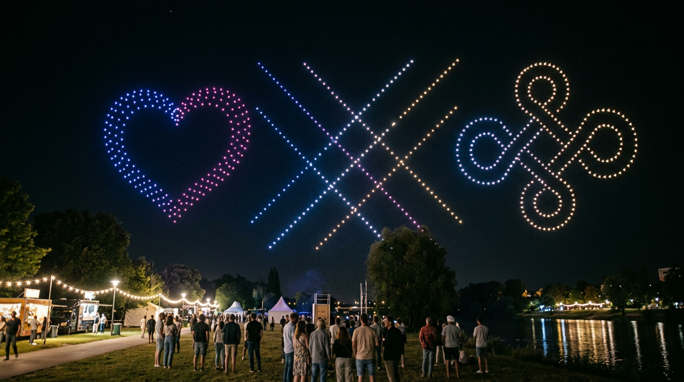 Custom drone light show displaying detailed animated shapes in the night sky