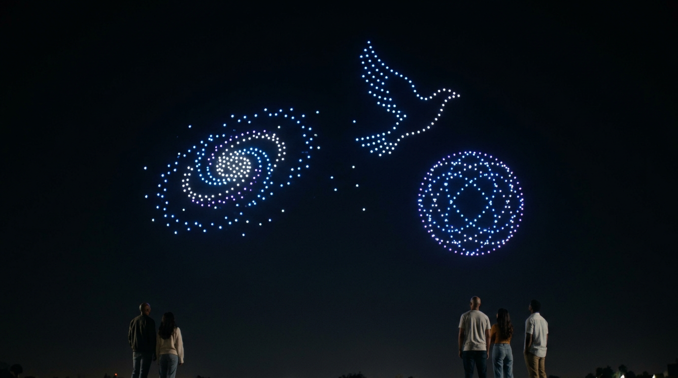 Coordinated drone fleet forming precise aerial patterns during a drone light show