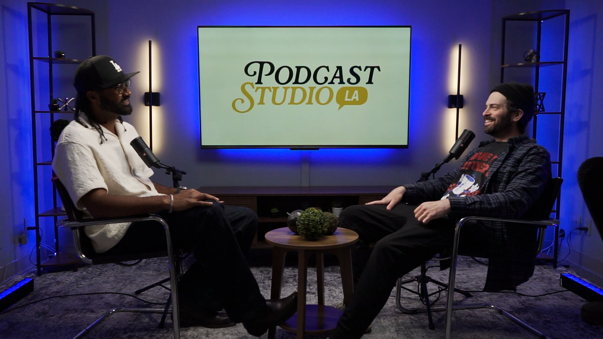 Video podcast studio set in North Hollywood with cinematic lighting