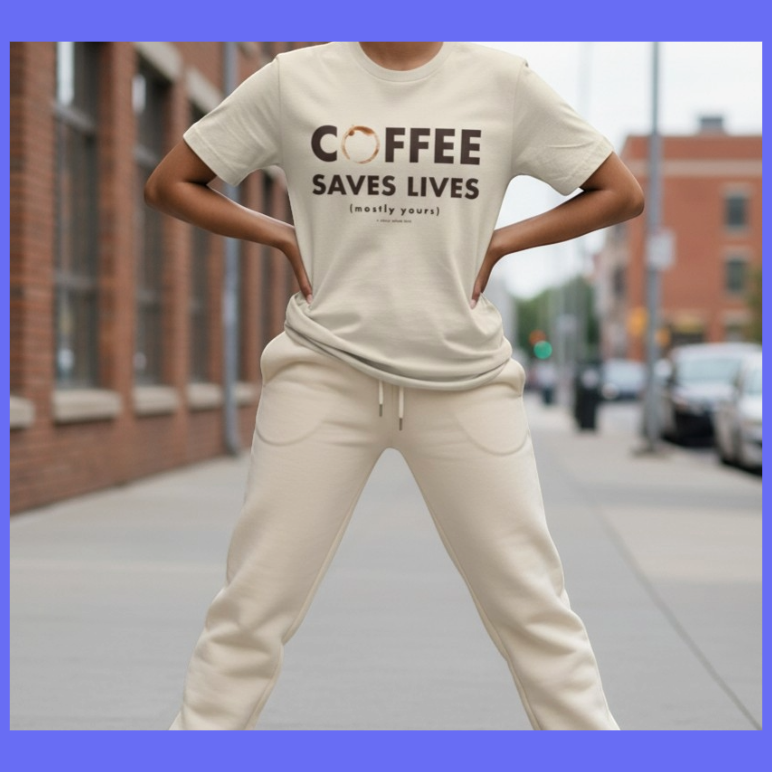 tan shirt with coffee stained 'o'