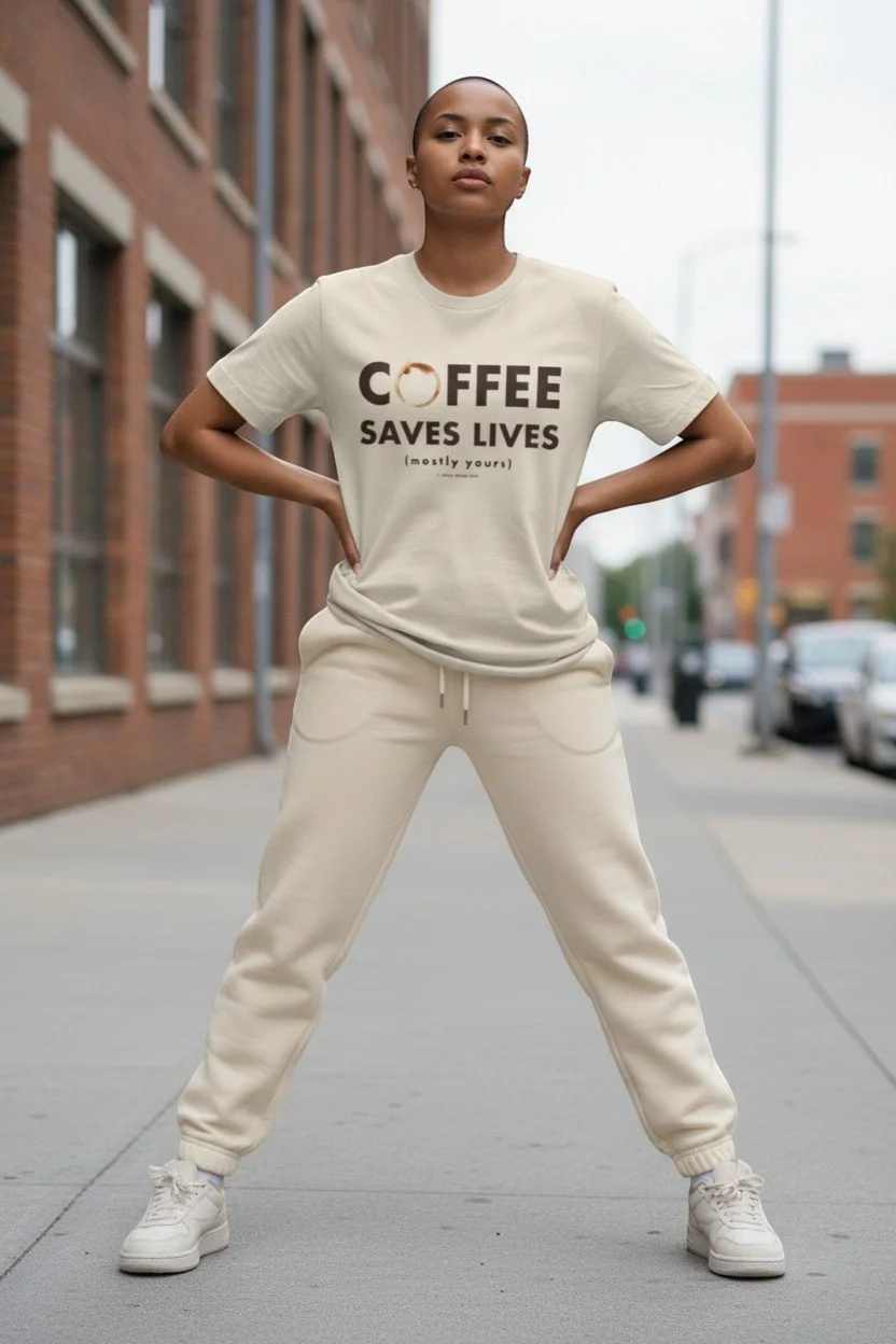 Neutral shirt, coffee ring stain, coffee saves lives