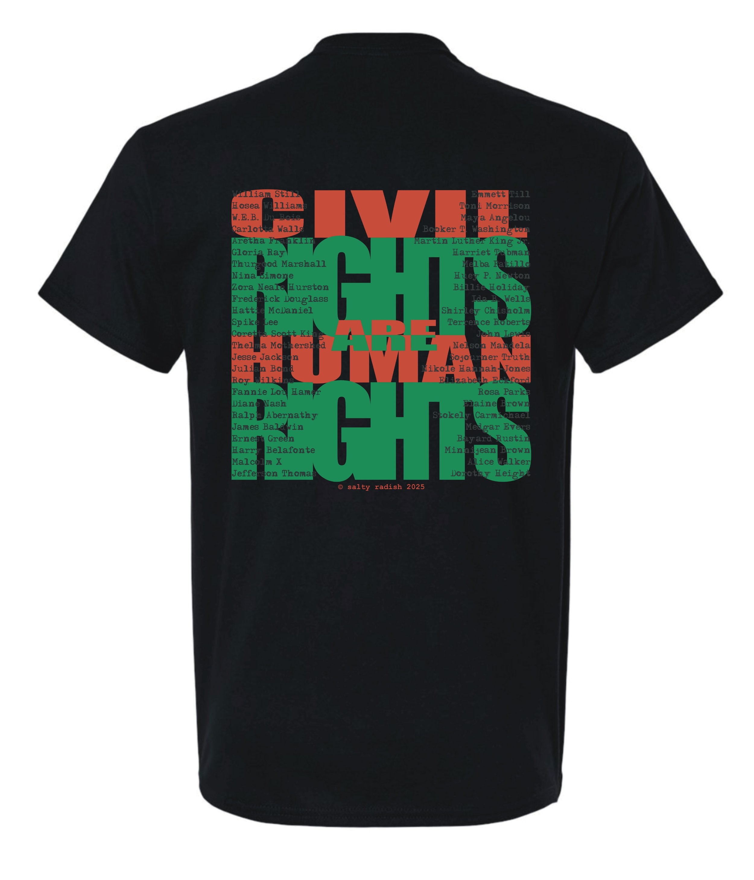Black shirt with red and green lettering featuring civil rights leaders