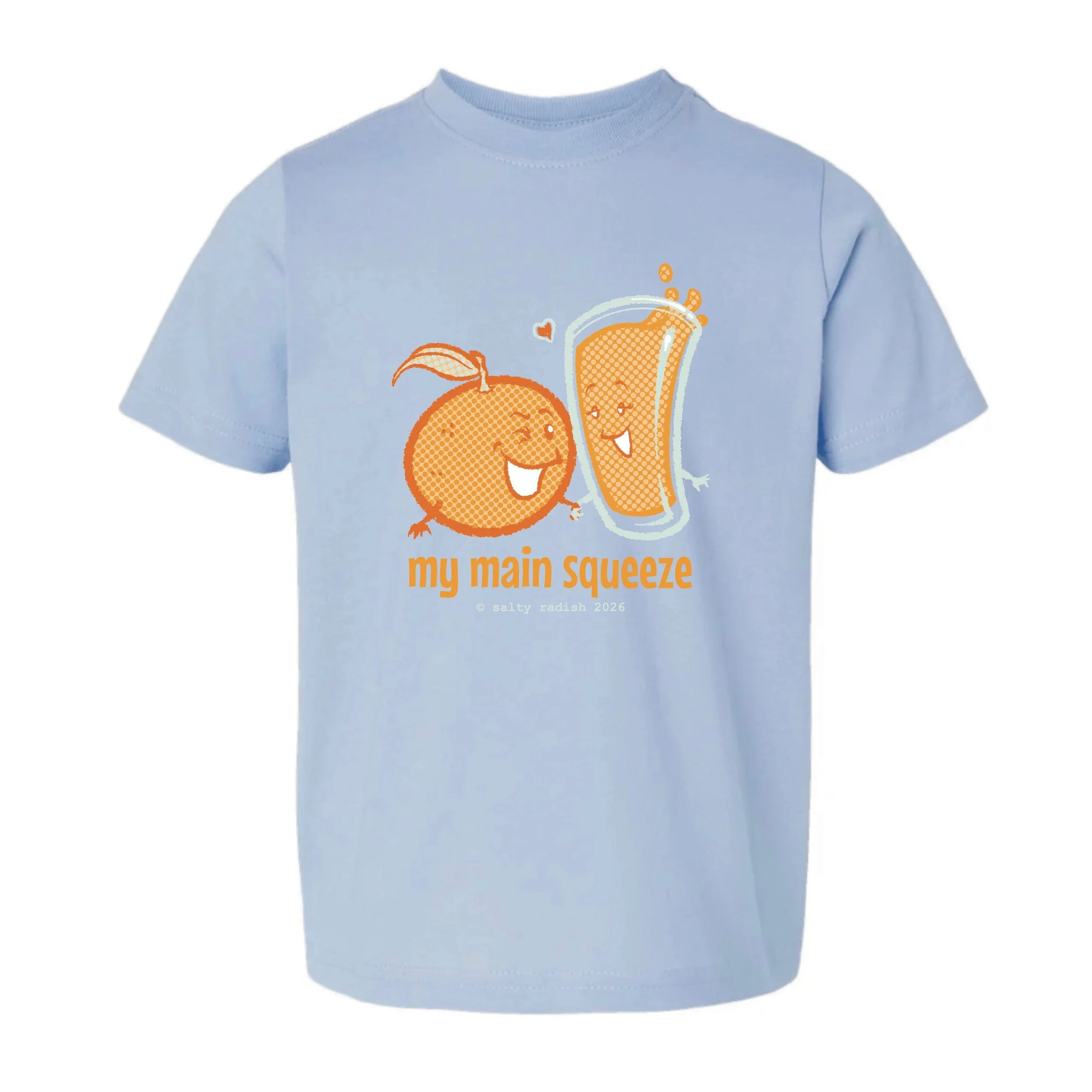 Light blue shirt with oj and orange