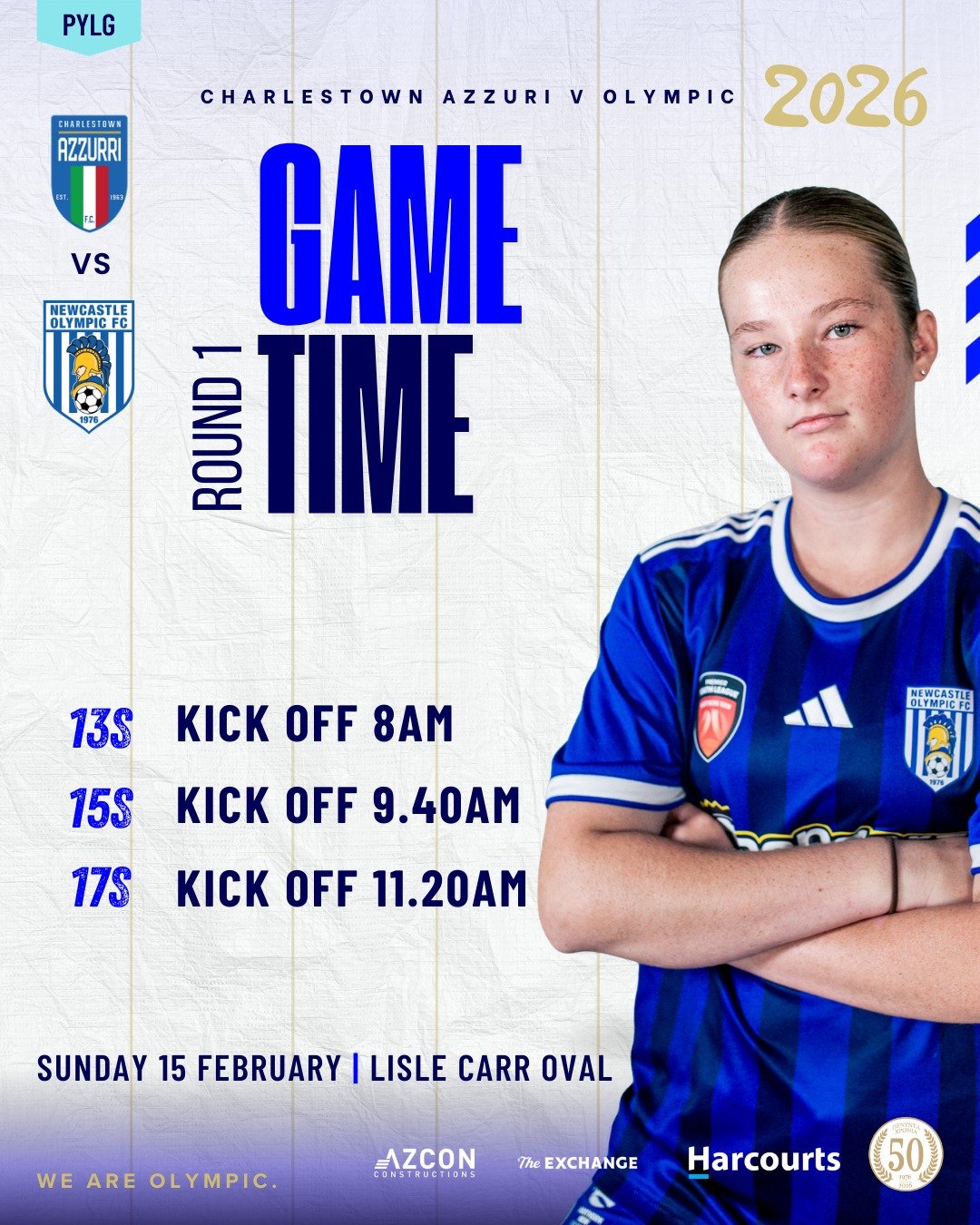 GAME TIME &ndash; ROUND 1

It&rsquo;s time. For the girls. 💙🤍

Our Premier Youth League Girls kick off the 2026 season this Sunday:

Charlestown Azzurri v Olympic
📍 Lisle Carr Oval
📅 Sunday 15 February

⚽ 13s &ndash; 8:00AM
⚽ 15s &ndash; 9:40AM
⚽