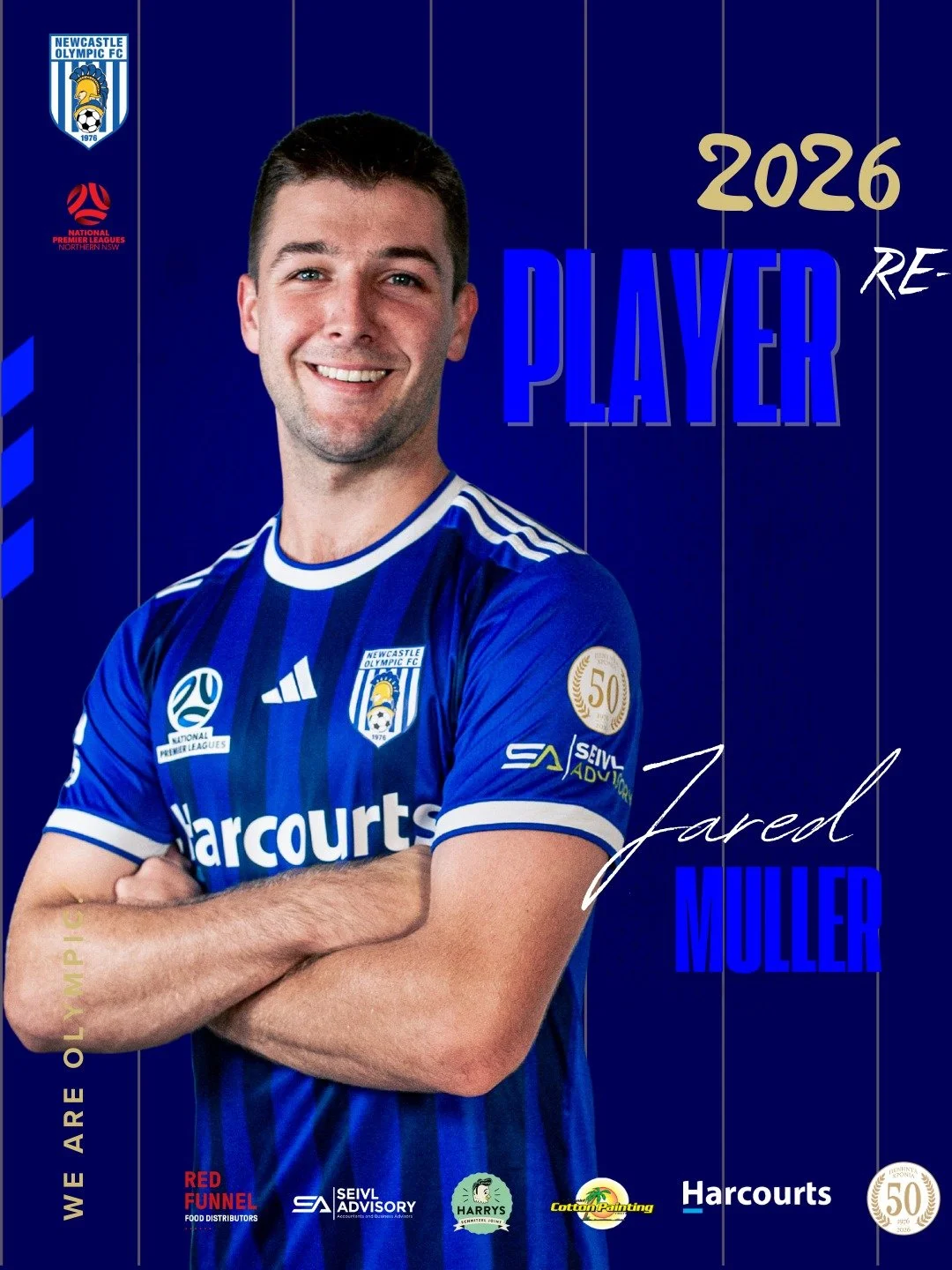 Newcastle Olympic is proud to lock in four more key players for the 2026 season as we celebrate our 50th year in the blue and white 💙🤍

Jared Muller is back to add to his goal-scoring tally. Bursting onto the First Grade scene as a teenager, Jared 