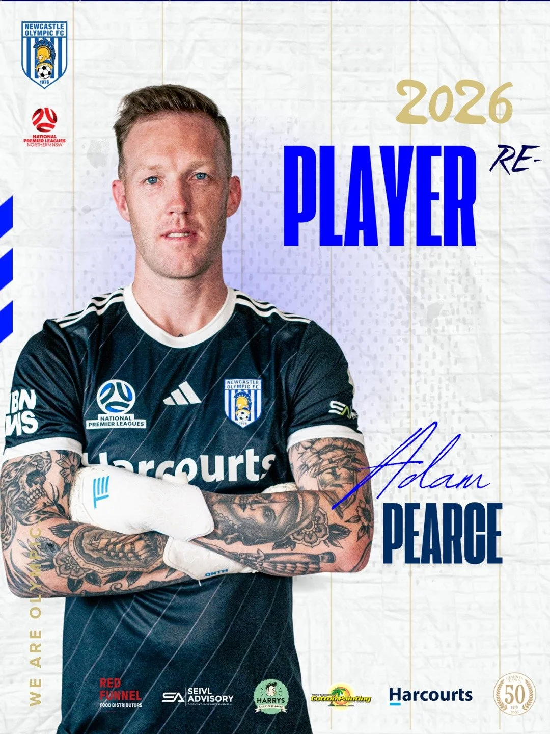Newcastle Olympic FC is pleased to confirm a number of key First Grade players have re-signed for the 2026 season 💙🤍

🧤 Adam Pearce returns as our First Grade goalkeeper and continues to build towards his 100th appearance for the club in 2026. A p