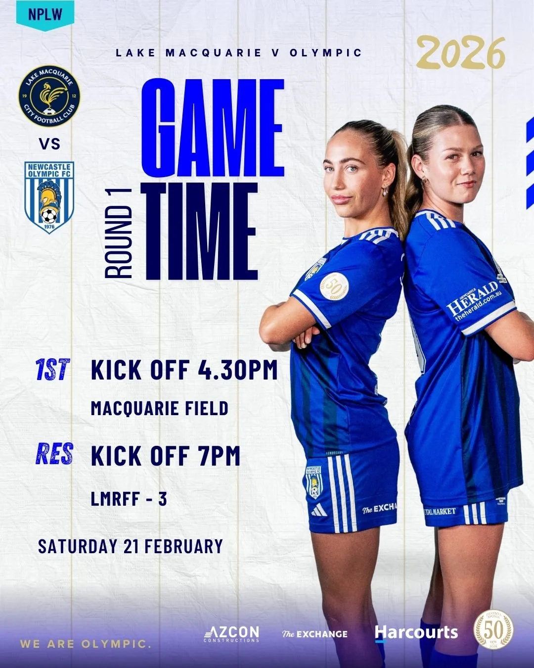 GAME DAY | NPLW ROUND 1

It all kicks off this Saturday as we open our 2026 campaign in our 50th year 💙🤍

🆚 Lake Macquarie City FC
📍 Macquarie Field
🕟 1st Grade &ndash; 4:30PM
🕖 Reserve Grade &ndash; 7:00PM
📅 Saturday 21 February

A new season
