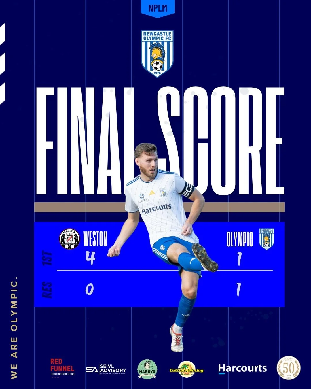 Results from Weston.

1st Grade: Weston 4&ndash;1 Olympic
Reserves: Weston 0&ndash;1 Olympic

Three points for the Reserves in blue and white 💙🤍