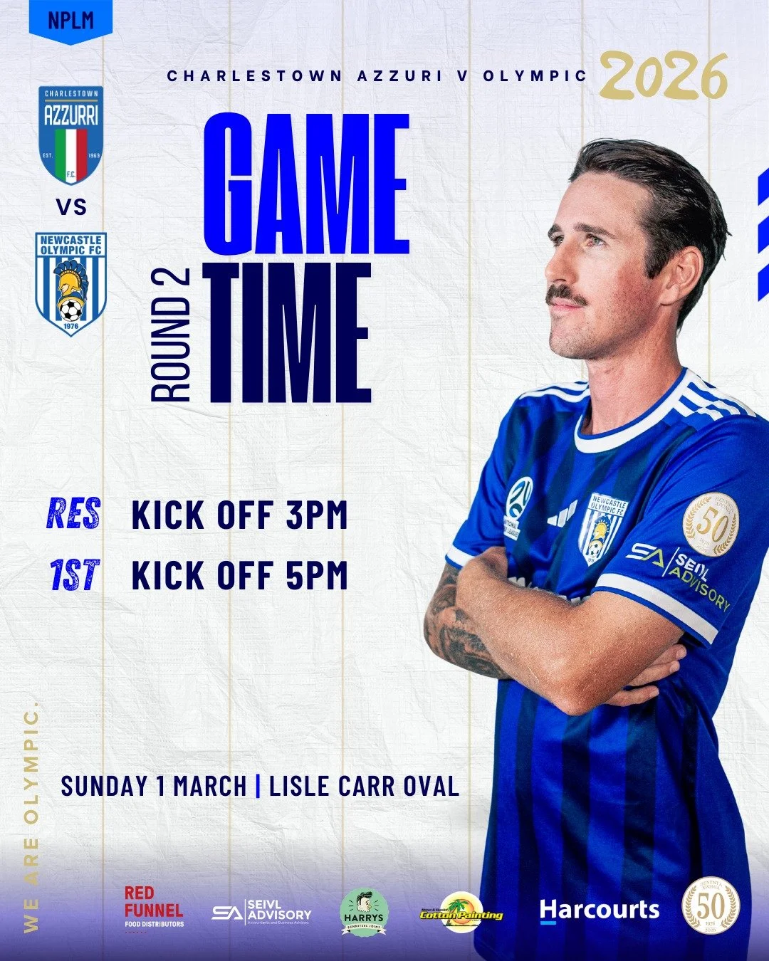 🔵⚪ GAME TIME, OLYMPIC FAMILY! ⚪🔵

A massive weekend ahead for our blue and white 💙🤍 Let&rsquo;s pack the sidelines and get behind the boys!

NPLM &ndash; Round 2

🆚 Charlestown Azzurri
📍 Lisle Carr Oval
📅 Sunday 1 March
🕒 Reserves 3PM
🕔 Firs