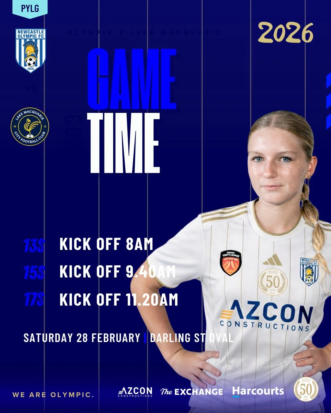 🔵⚪ GAME TIME &ndash; OUR BLUE &amp; WHITE ARE READY ⚪🔵

Another huge weekend for Olympic as our NPLW and PYLG sides hit the pitch 💙🤍 Let&rsquo;s get around them!

🏆 NPLW &ndash; Round 2

🆚 Charlestown Azzurri
📍 Lisle Carr Oval
📅 Saturday 28 F
