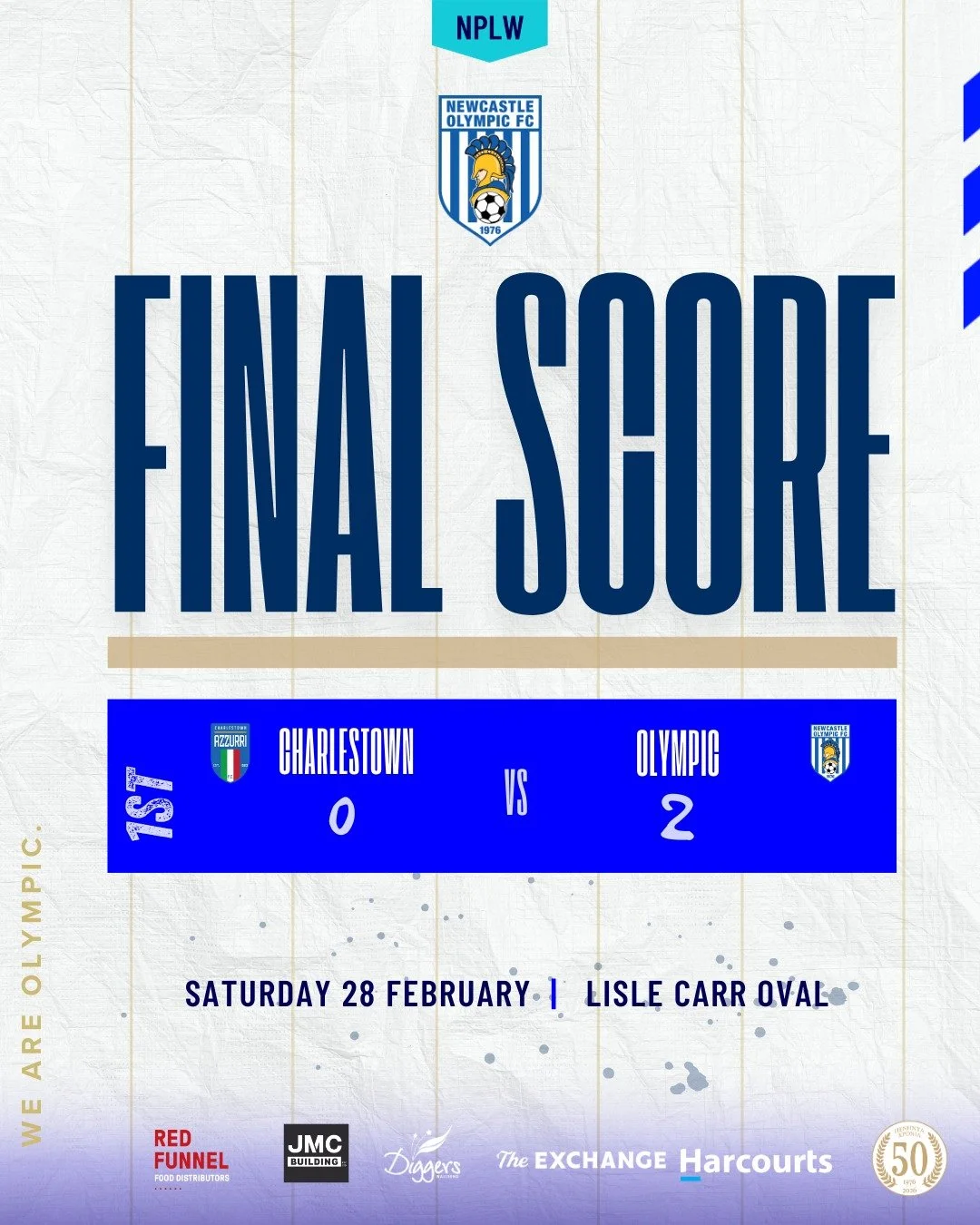 💙🤍 FULL TIME | NPLW 🤍💙

Azzurri 0 - 2 Olympic 
⚽️⚽️ Maddy Howard 

A strong statement in blue and white.

Olympic secure all three points on the road with a 2&ndash;0 win over Charlestown at Lisle Carr Oval. A composed, professional performance f