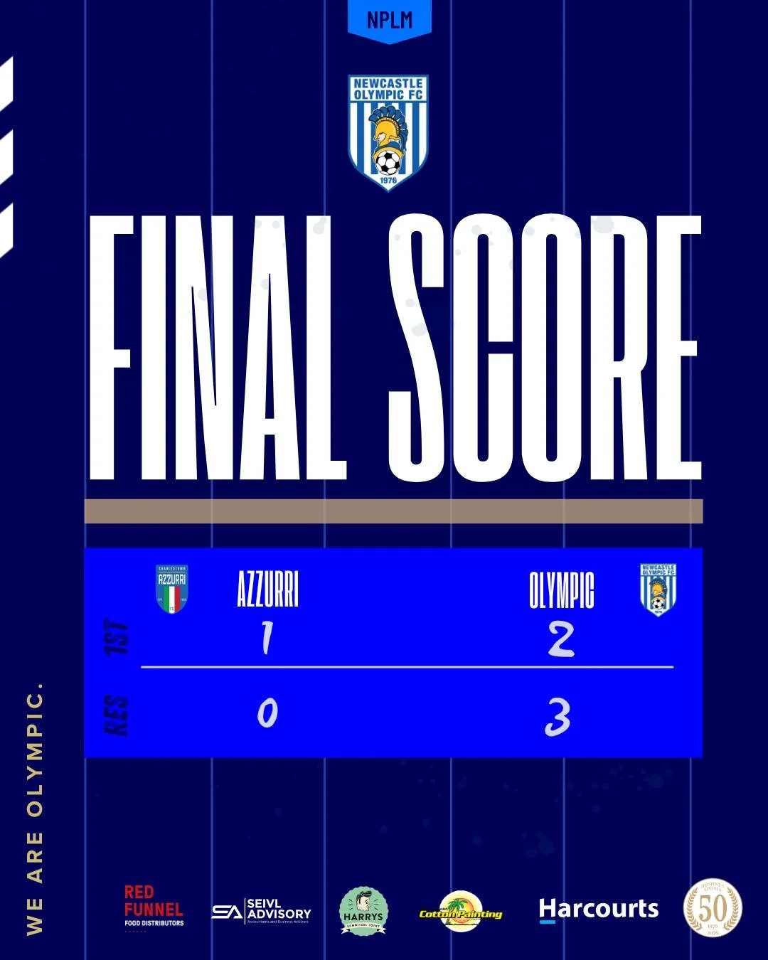 💙🤍 FULL TIME | NPLM 🤍💙

1st Grade: 
Azzurri 1 - 2 Olympic 
Goal Scorers:
7. Wil Southcombe 12'
88. Yuhei Sato 75'

Reserve Grade: 
Azzurri 0 - 3 Olympic 

Back to winning ways with a great win over our local rivals in 1st Grade and 2 for 2 for th