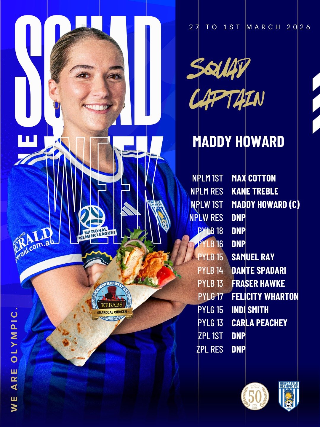 SQUAD OF THE WEEK | FEB 27 &ndash; MARCH 1 ⚽️

Congrats to this week&rsquo;s standout players across all grades, from NPL to youth. A fantastic achievement, keep up the great work! 👏

⭐️ Squad Captain: Maddy Howard

With the game on the line, Maddy 