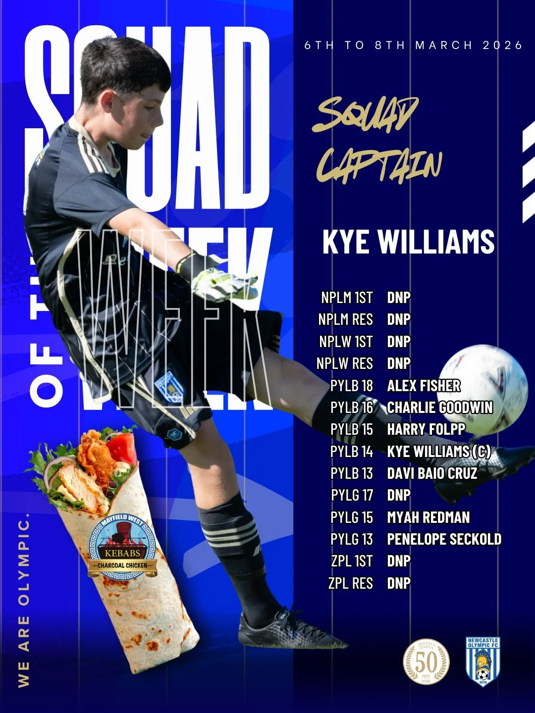 SQUAD OF THE WEEK ⚽️ | MARCH 6&ndash;8

Well done to all our players selected in this week&rsquo;s representative squad! 👏

⭐️ Squad Captain: Kye Williams
Kye earns the captaincy this week after a stellar performance in goals. His penalty save and f