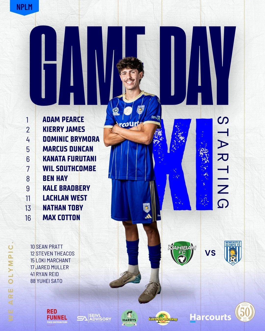 🔵⚪ GAME DAY

Our XI is locked in for this afternoons clash against Kahibah FC. 💪

Ready to get the job done and represent Olympic.

Kick-off coming up &mdash; let&rsquo;s go! 🔥

#NPLM #NewcastleOlympic #GameDay #NOFC