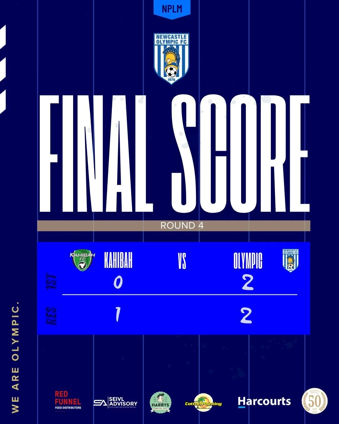 Sunday 15th of March Round 4 Results
NPLM 1st Grade 
Kahibah 0 🆚 2 Olympic
Goal Scorers
5. Marcus Duncan 6'
9. Kale Bradbery 86'

NPLM Reserve Grade
Kahibah 1 🆚 2 Olympic

🔵⚪ #nofc2026