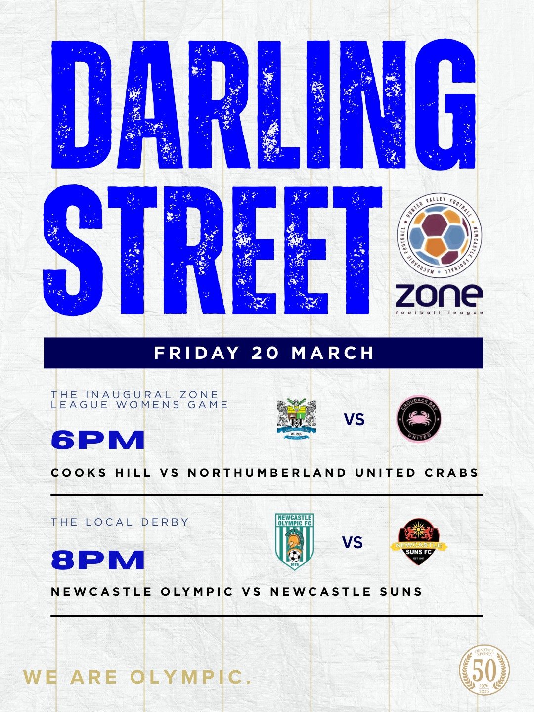 🔥 ZONE LEAGUE SEASON OPENER &ndash; DARLING ST 🔥
Zone Football is back and it all kicks off at Darling St this Friday night! 💙🤍

We&rsquo;re hosting a huge double header under lights:

⏰ 6PM
Cooks Hill vs Northumberland United Crabs
&ndash; The i