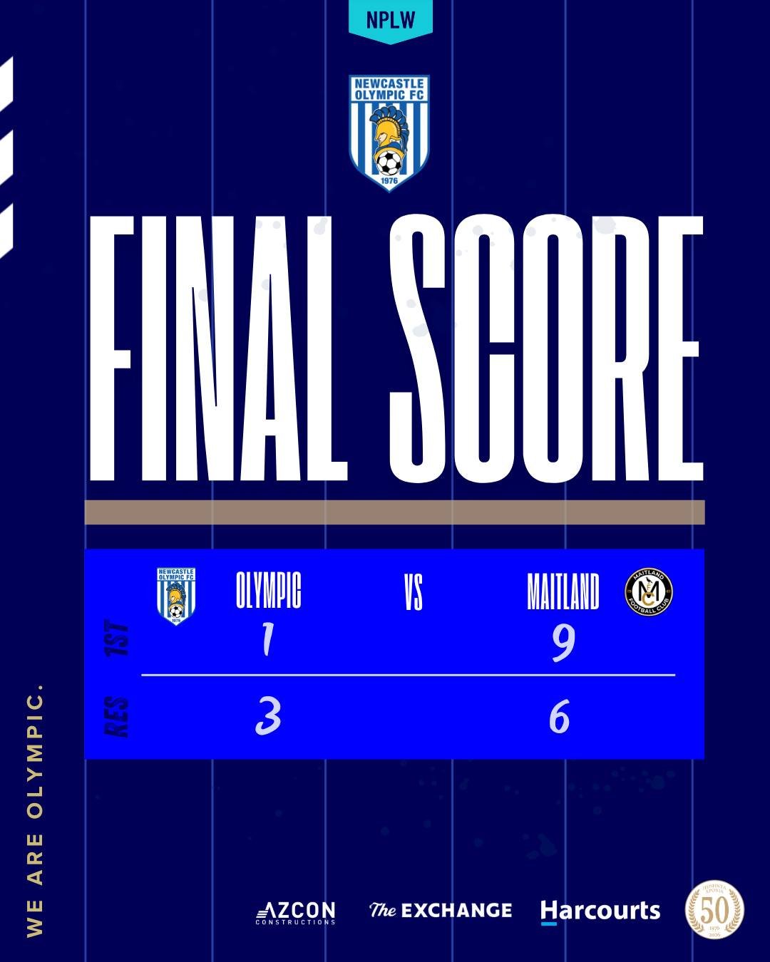 Sunday 21th of March Results

Maitland FC have retained the InterCity Cup for another year. We would like to thank our InterCity opponents for coming to Darling Street and wish them well in 2026

NPLM 1st Grade
Olympic 2 Maitland 3
Goal Scorers
7. Wi