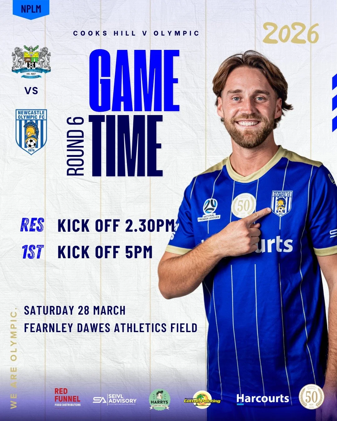 Big weekend coming up for Olympic 🔵⚪️

Men&rsquo;s Round 6 this Saturday:
Reserves &ndash; 2:30PM
First Grade &ndash; 5:00PM
📍 Fearnley Dawes Athletics Field

Round 7 for our youth across Friday &amp; Saturday.

Darling St:
16s &ndash; 6:00PM (Fri)