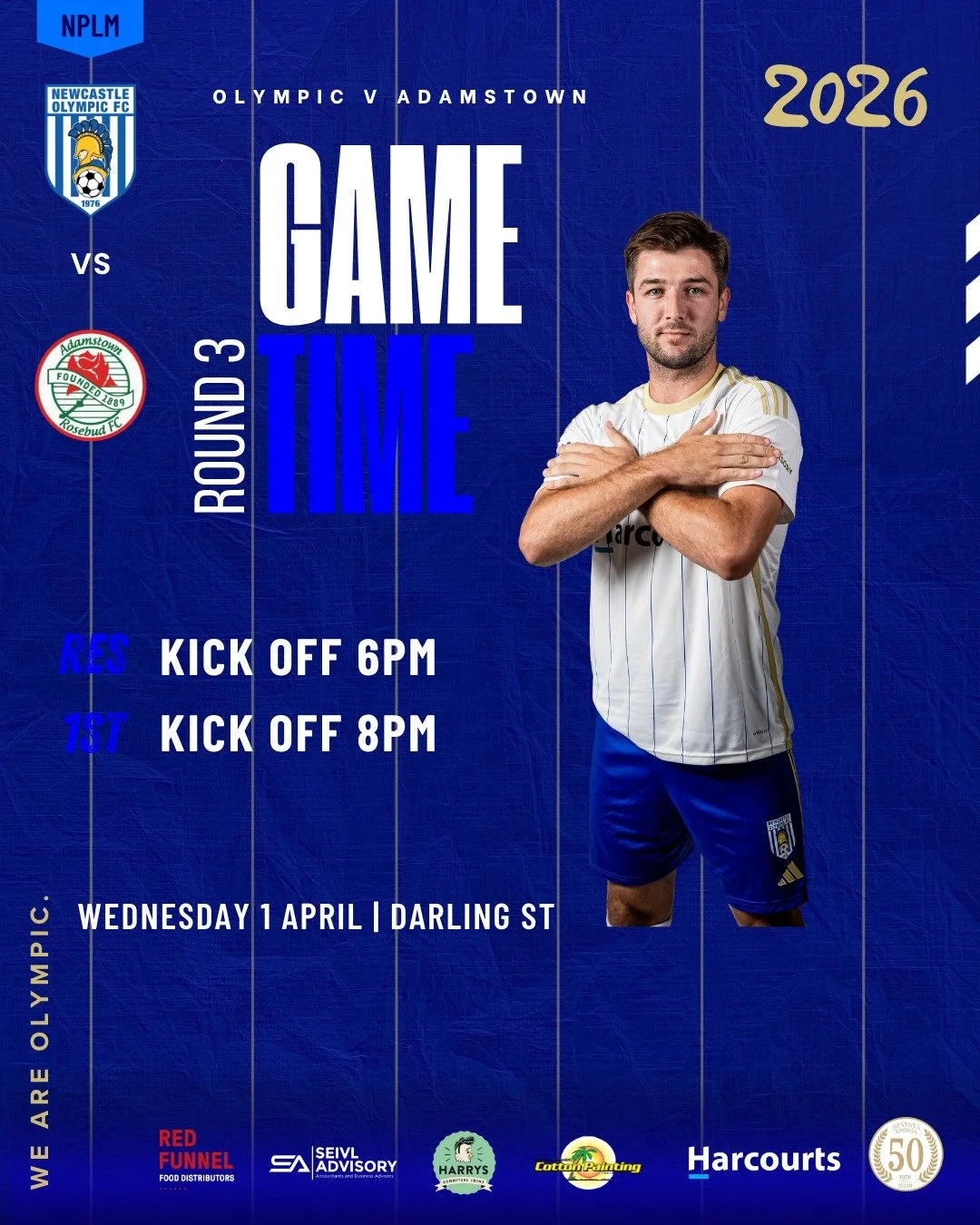 🔵⚽️ MATCH RESCHEDULED

Our Round 3 rescheduled clash is locked in! 

📅 Wednesday 1 April
📍 Darling St
🆚 Adamstown Rosebud FC
⏰ Reserves: 6:00PM
⏰ First Grade: 8:00PM

Make sure you get down and support the boys as we take on Adamstown &mdash; you