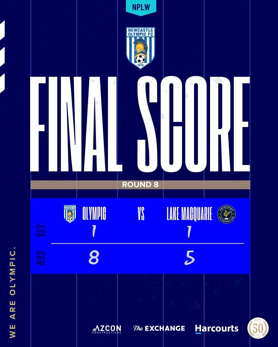 NPL Women's NNSW First Grade 
Round 8 - Newcastle Olympic 1 v Lake Macquarie City FC 1

Goal Scorer
5. Rosie Copus 53'

NPL Women's NNSW Reserve Grade 
Round 8 - Newcastle Olympic 8 v Lake Macquarie City FC 5 

NPL Men's NNSW First Grade 
Round 8 - B