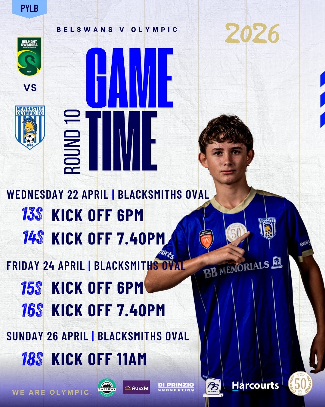 🔥 GAME TIME 🔥
It&rsquo;s Round 10 and we&rsquo;re ready to take on Belmont Swansea this week! 💪⚽

📍 Blacksmiths Oval

📅 Wednesday 22 April
&bull; 13s &ndash; Kick off 6:00PM
&bull; 14s &ndash; Kick off 7:40PM

📅 Friday 24 April
&bull; 15s &ndas