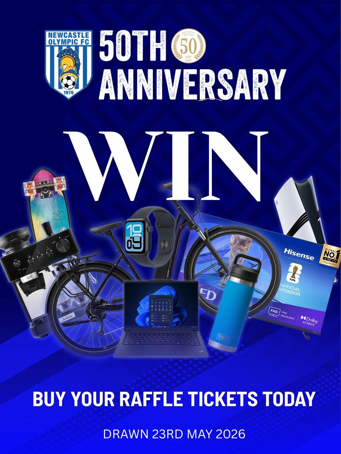 🎉 Newcastle Olympic FC 50th Anniversary Raffle 🎉

Celebrate 50 years of Olympic in blue &amp; white and go in the draw to WIN some incredible prizes 👇

🚲 Bike
🎮 PlayStation 5
💻 Laptop
📺 Hisense TV
⌚ Smart Watch
☕ Coffee Machine
&hellip; and mo