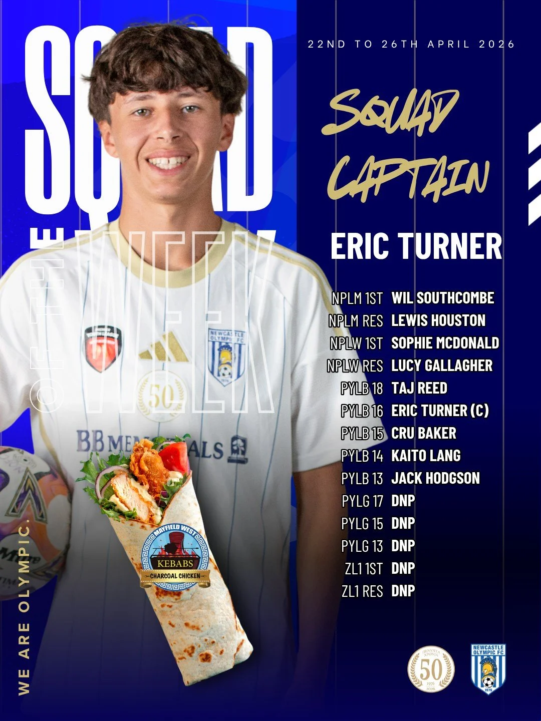 🌟 Newcastle Olympic Squad of the Week 🌟 

What a significant weekend for the club as we honored the ANZAC spirit on and off the pitch. Across 9 matches, our teams showed incredible grit and determination, combining for an impressive 28 goals. From 