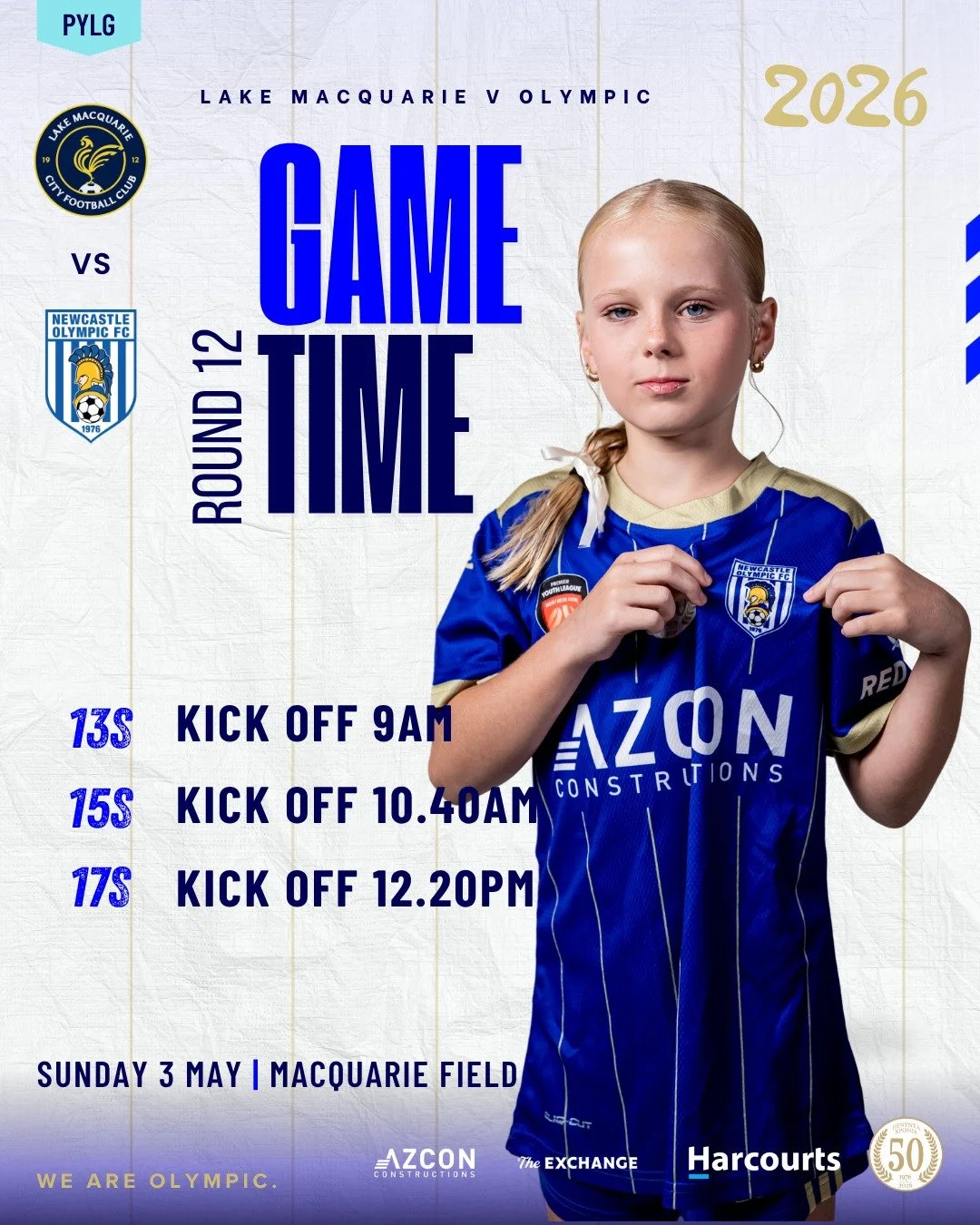 🔥 GAME DAY 🔥

Our Olympic girls taking on Lake Macquarie this weekend! 

📍 Macquarie Field
📅 Sunday 3 May

⚽ 13s &ndash; 9AM
⚽ 15s &ndash; 10:40AM
⚽ 17s &ndash; 12:20PM

Get behind the girls as they look to bring home the points! 🙌

#WeAreOlympi