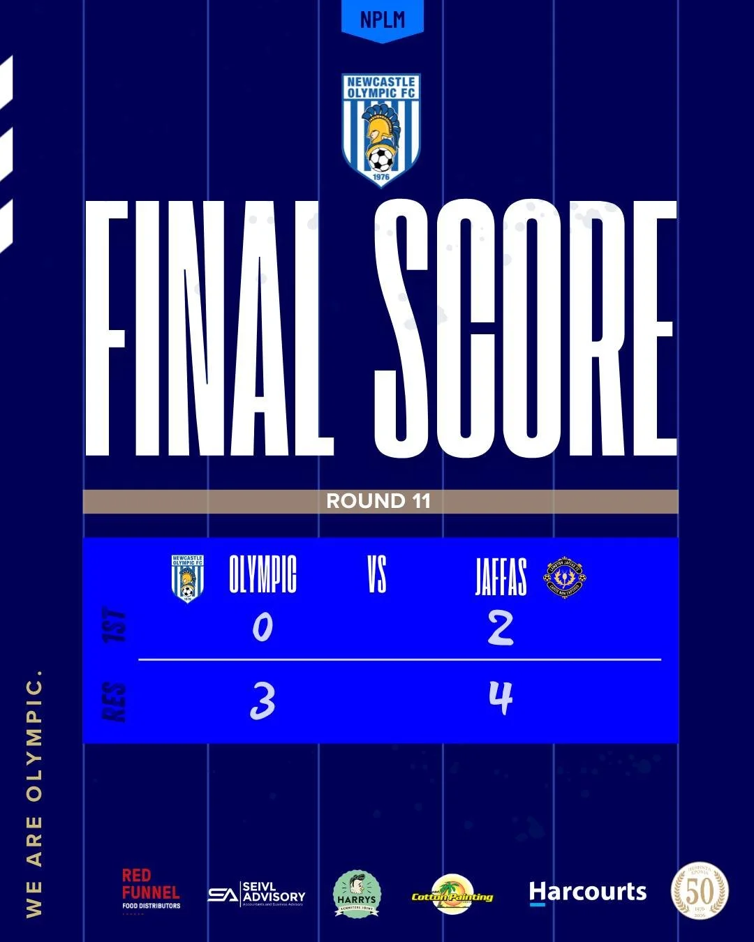 NPL Men's NNSW 
First Grade Results Round 11
Newcastle Olympic 0 v Lambton Jaffas 2

Reserve Grade Results Round 11
Newcastle Olympic 3 v Lambton Jaffas 4

Youth Played their first rounds of the PYL Cup

#nofc2026