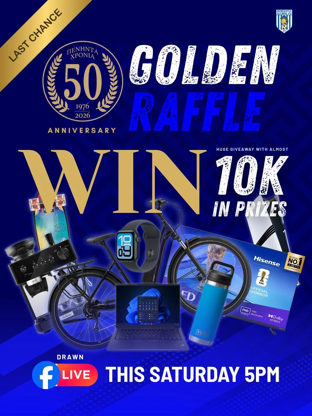 🎉 GOLDEN RAFFLE &ndash; LAST CHANCE TO WIN! 🎉
Newcastle Olympic FC&rsquo;s 50th Anniversary Golden Raffle is almost here&hellip; and this is your FINAL opportunity to secure your tickets before the draw!

💰 OVER $10,000 IN PRIZES TO BE WON
🚲 E-Bi