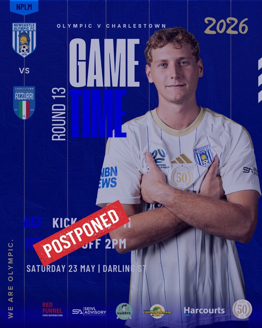 📣 GAMES POSTPONED

Todays NPL Men' NNSW Round 13 games have been postponed.

The 50th Anniversary Golden Raffle will still be drawn today.

📅 DRAWN LIVE on Facebook
🗓 Saturday 23rd May 2026
⏰ 5:00PM

#nofc2026