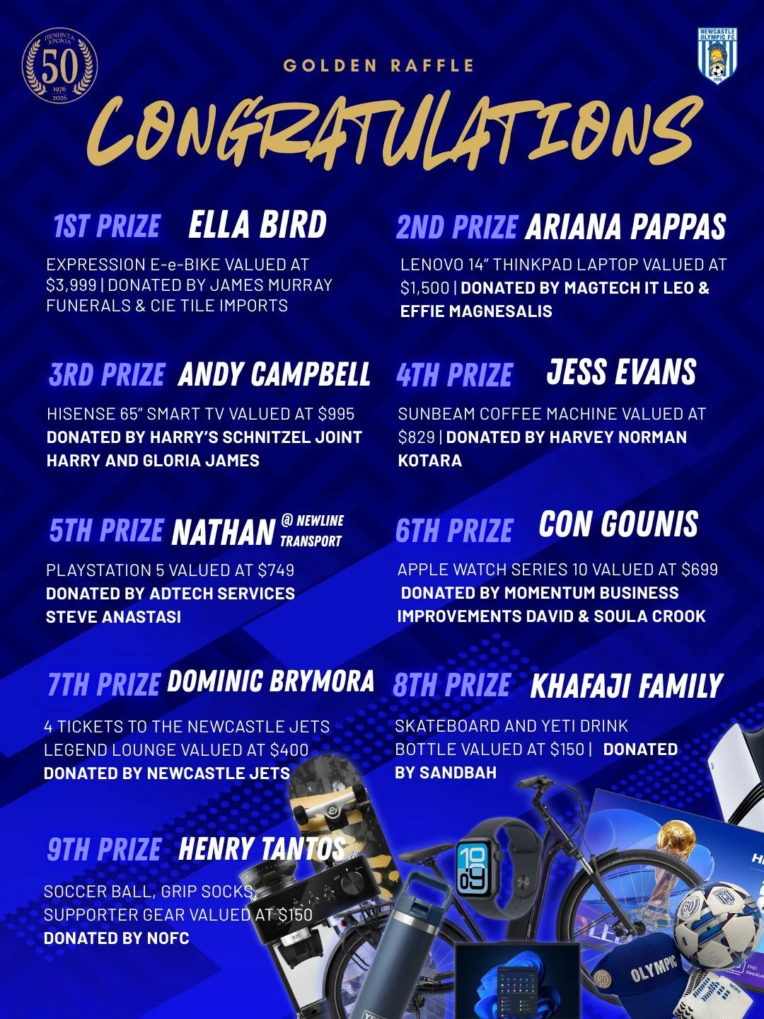 🎉 THANK YOU, OLYMPIC FAMILY 💙🤍

Our Golden Raffle was drawn on Saturday as part of our incredible 50 Year celebrations, and we simply want to say a heartfelt thank you to everyone who supported it.

From purchasing tickets, sharing the raffle, don