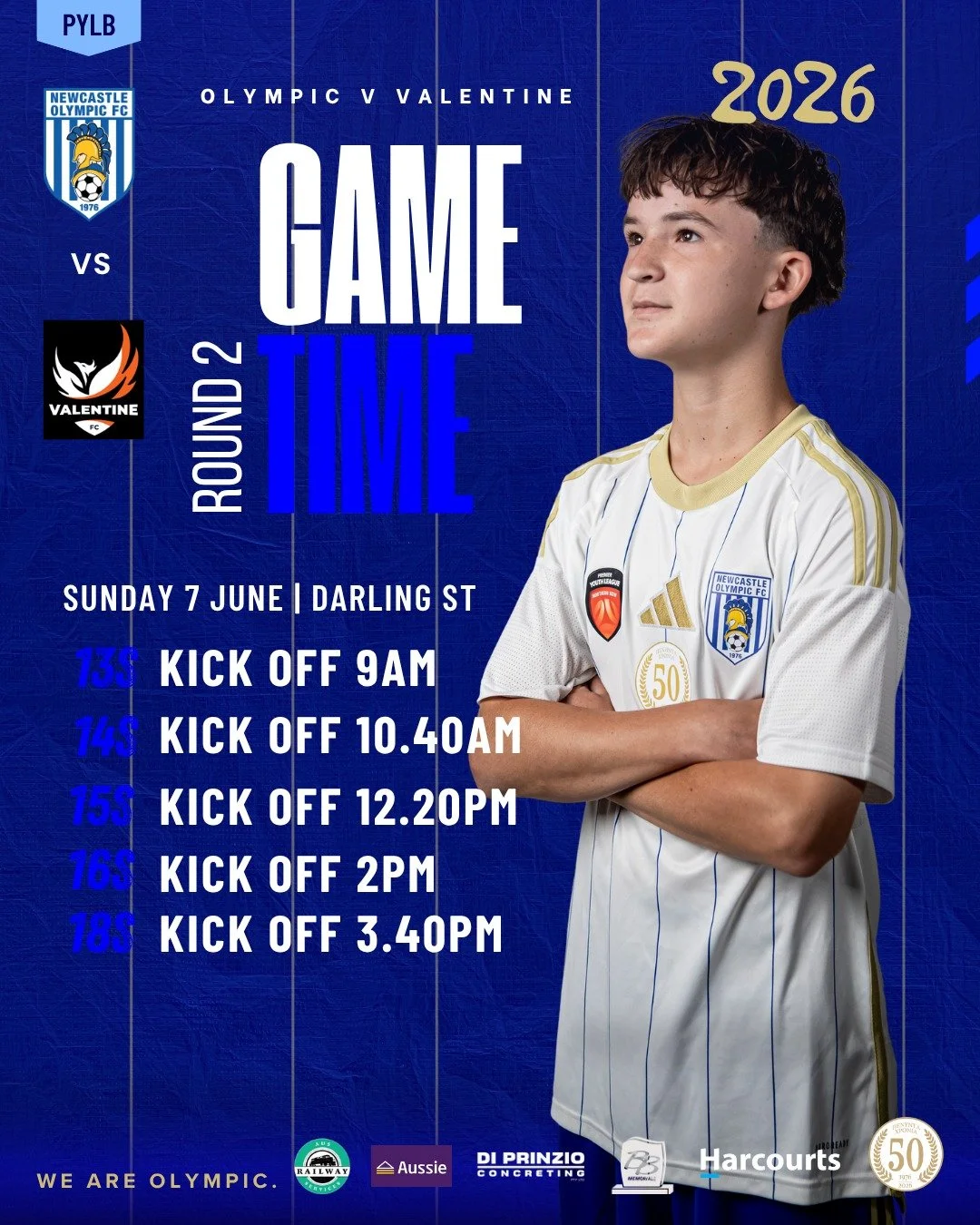 🔥 PYLB GAME DAY 🔥 

Get ready for a thrilling contest this Sunday as Olympic take on Valentine 💙⚽️

📍 Darling St 
📅 Sunday 7 June
⚽ 13s &ndash; 9AM
⚽ 14s &ndash; 10:40AM
⚽ 15s &ndash; 12:20PM
⚽ 16s &ndash; 2PM
⚽ 18s &ndash; 3.40PM

Let&rsquo;s p