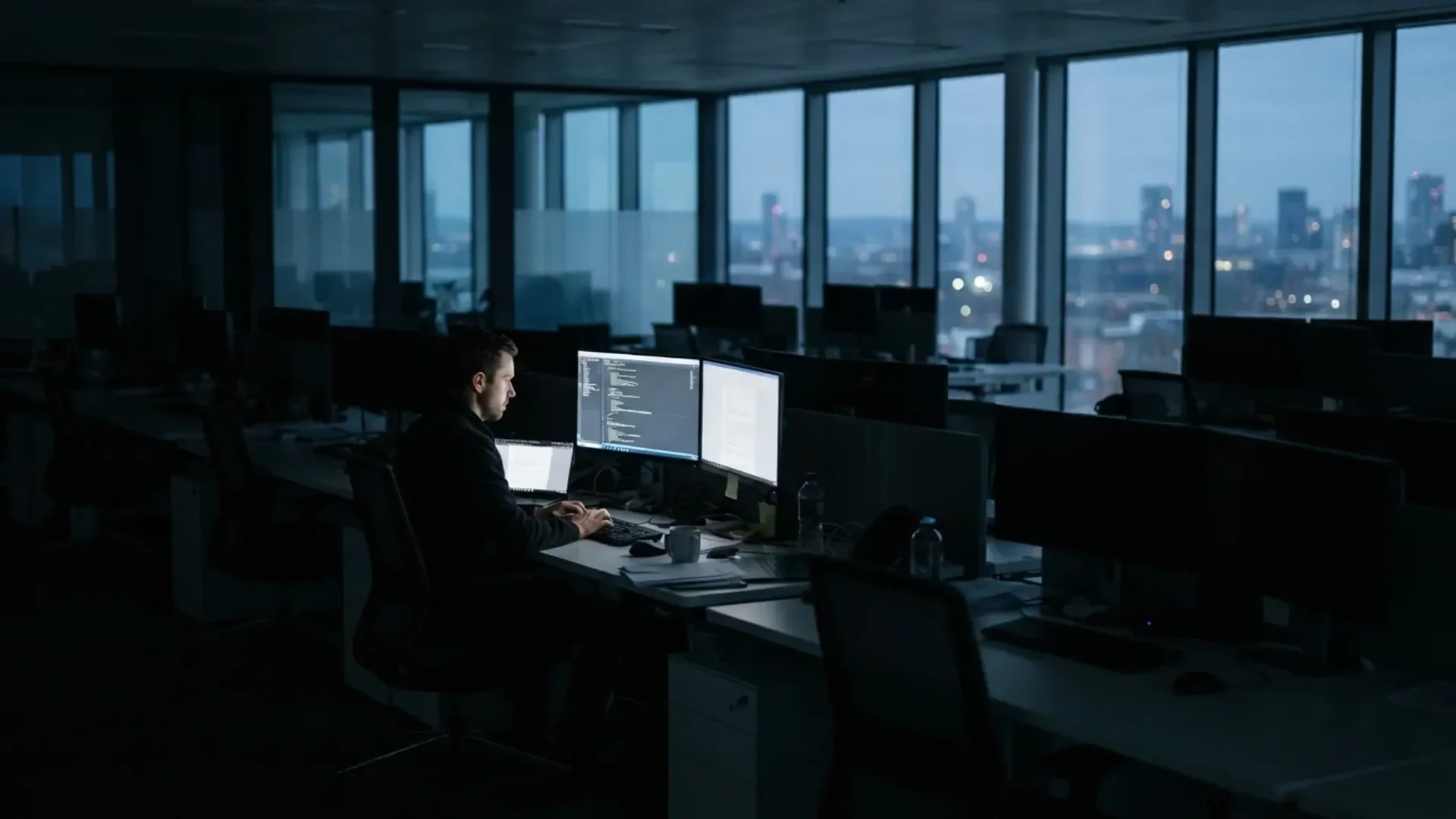 Tech office after layoffs with one employee working late