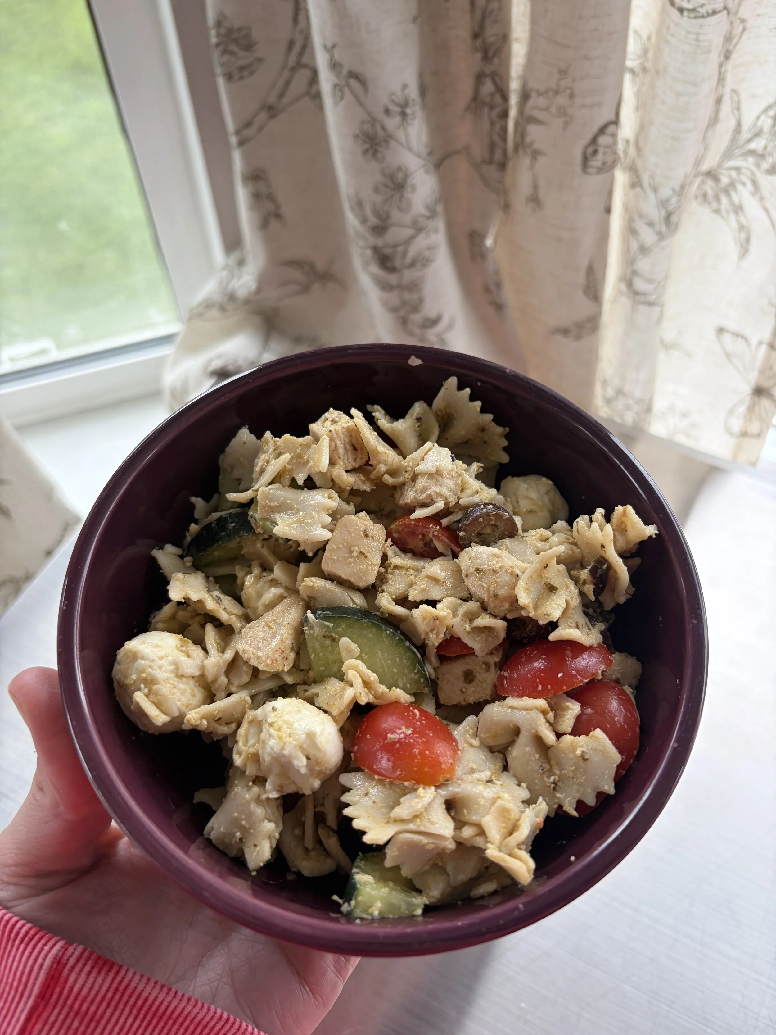 High Protein Creamy Pesto Chicken Pasta Salad (Gluten-Free Option)