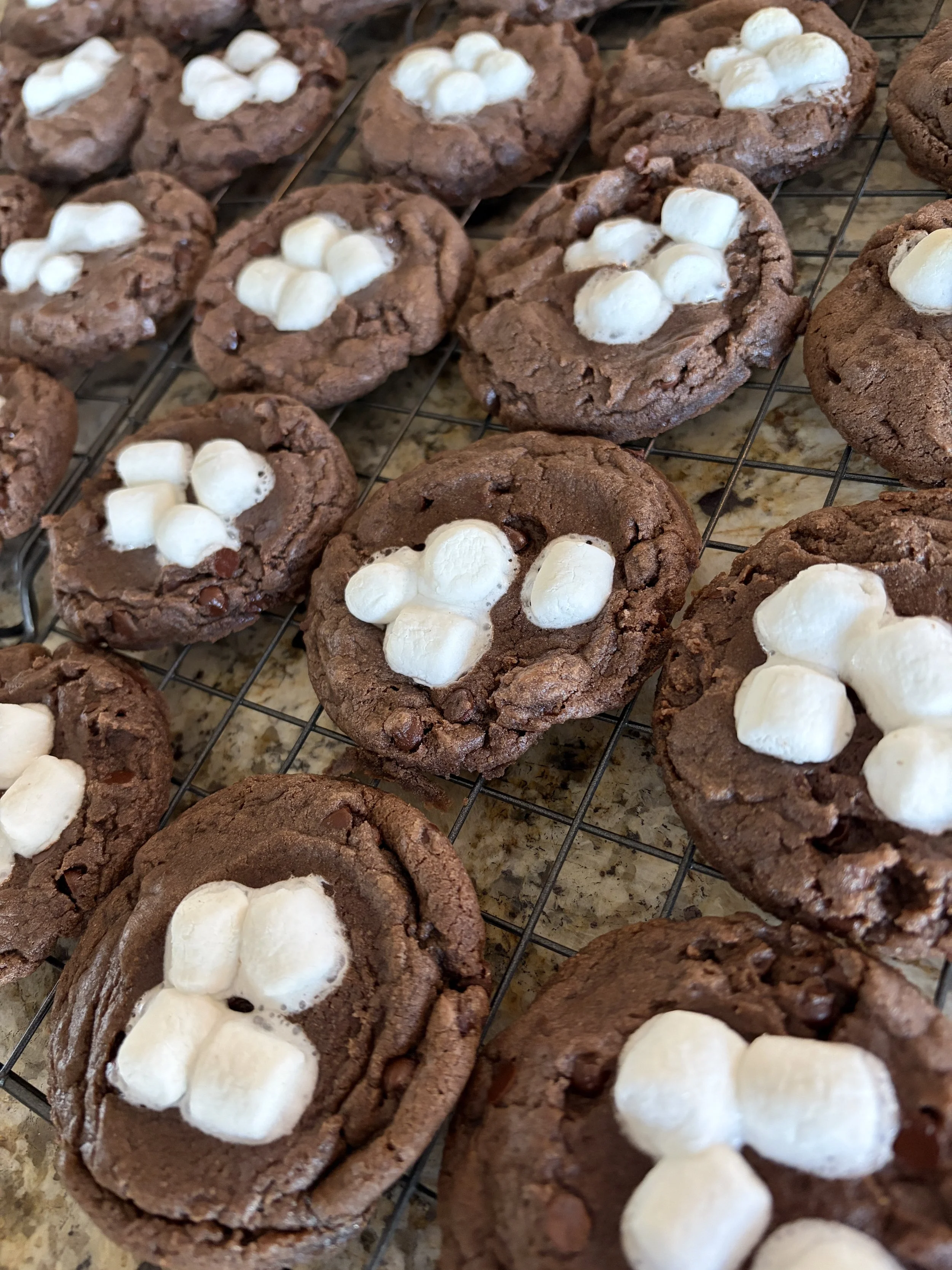 A tray of hot cocoa cookies topped with marshmallows.
