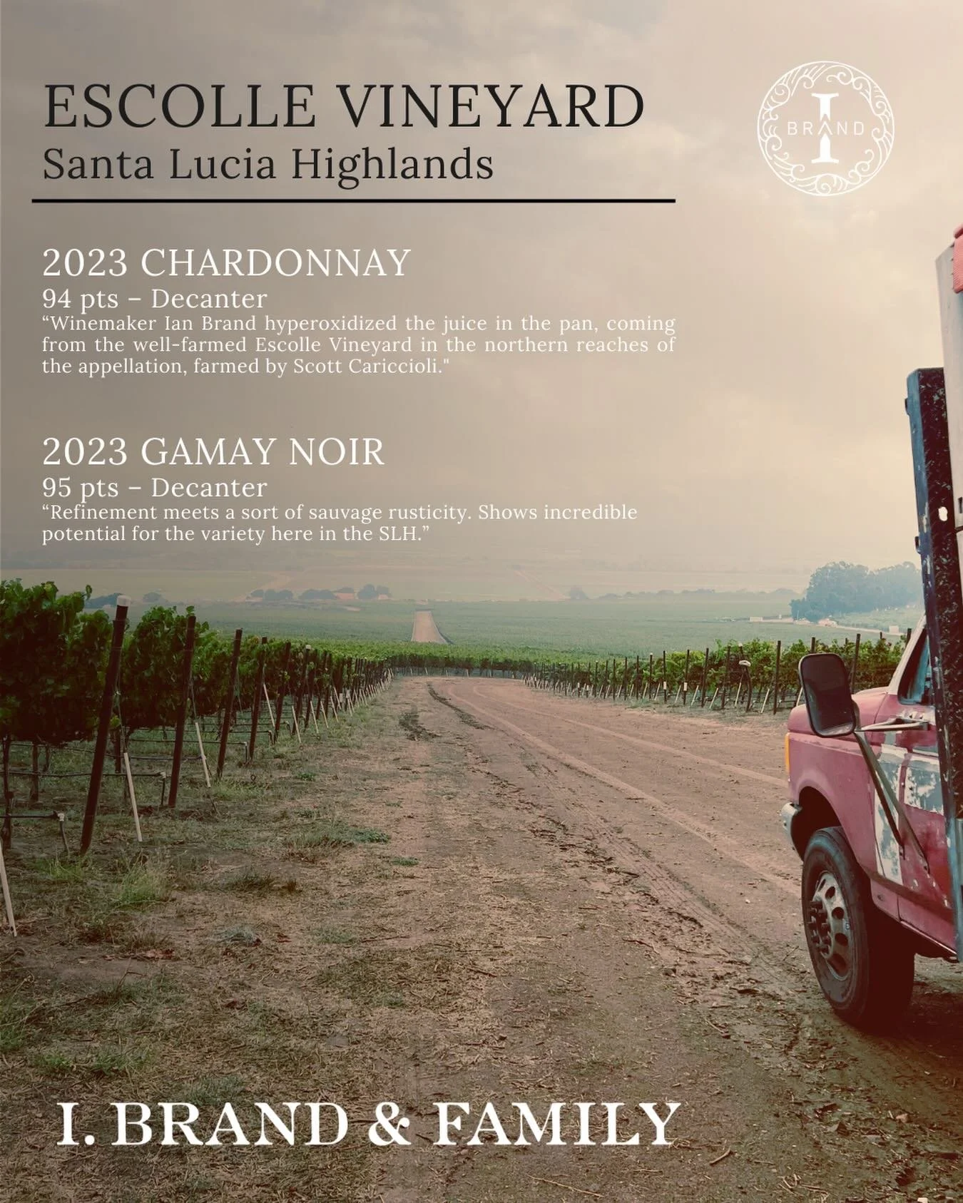Nestled in the Santa Lucia Highlands, Escolle Vineyard benefits from the Monterey Bay's cooling influence, granitic soils reminiscent of Beaujolais, and Scott Caraccioli's expert care. 

Recognized by Decanter: 
94pts - Chardonnay
95pts - Gamay Noir
