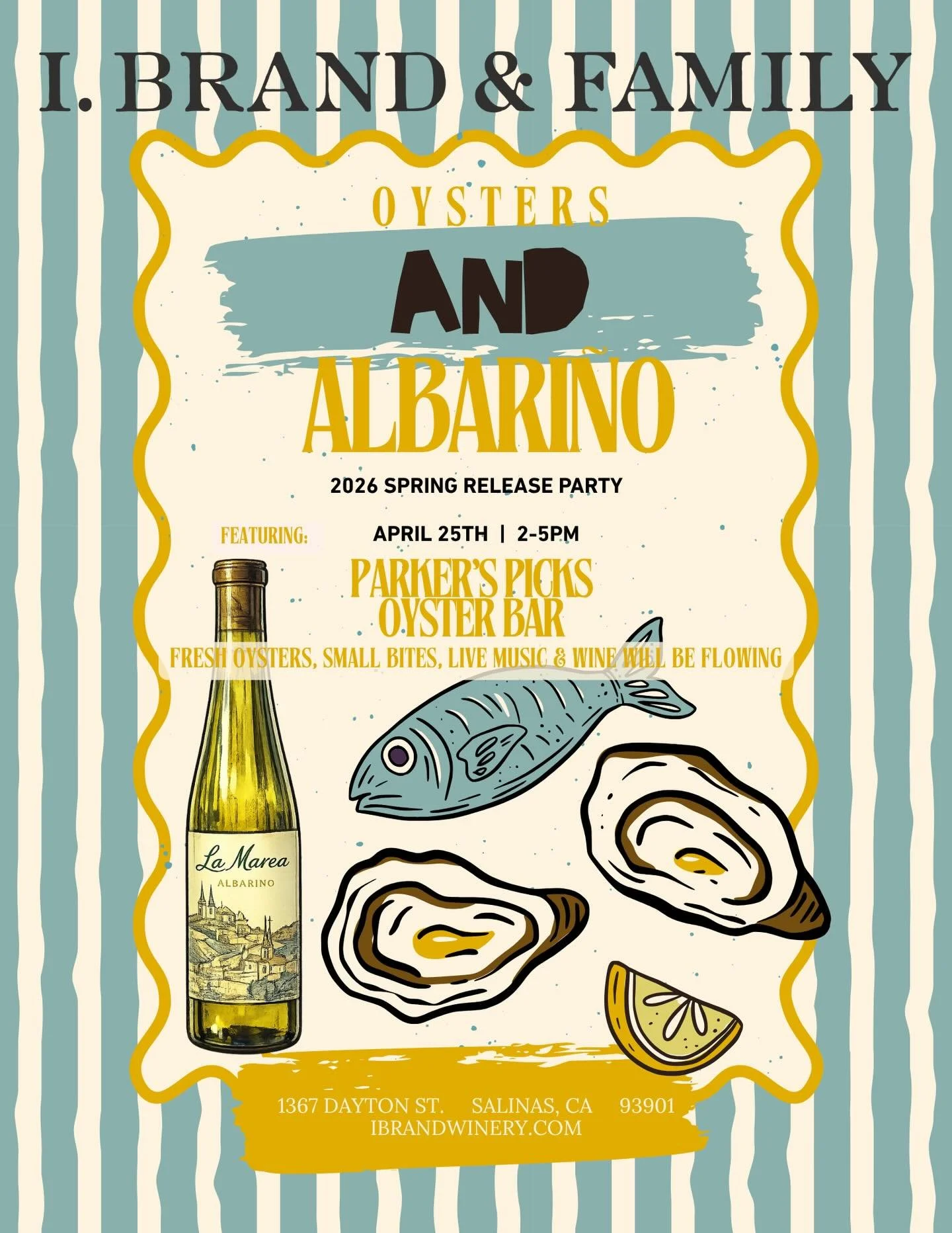 Celebrating the Spring Release with our annual OYSTERS &amp; ALBARI&Ntilde;O party!

Light bites, live vinyl DJ, games and plenty of wine flowing!

April 25th | 2&ndash;5PM
At Our Winery &mdash; 1367 Dayton St, Salinas

🎟️ Tickets in bio