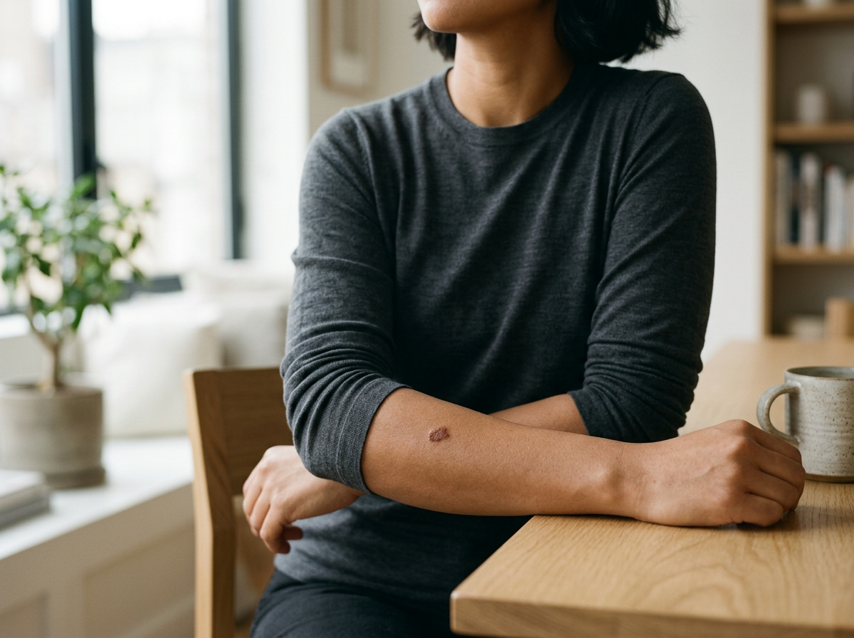 A woman sitting at a wooden table with a coffee mug, wearing a dark gray long-sleeve shirt, showing a healed scar on her forearm.