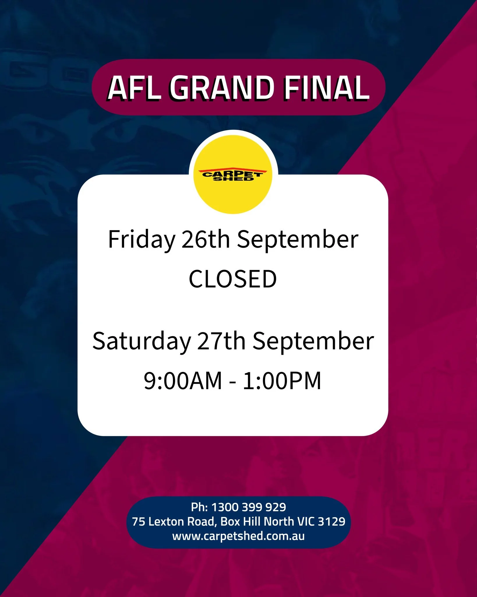 We are closed for the AFL Grand Final public holiday this Friday 26th September 2025, and have reduced trading hours on Saturday 27th September 2025 9:00AM - 1:00PM 🐱🦁