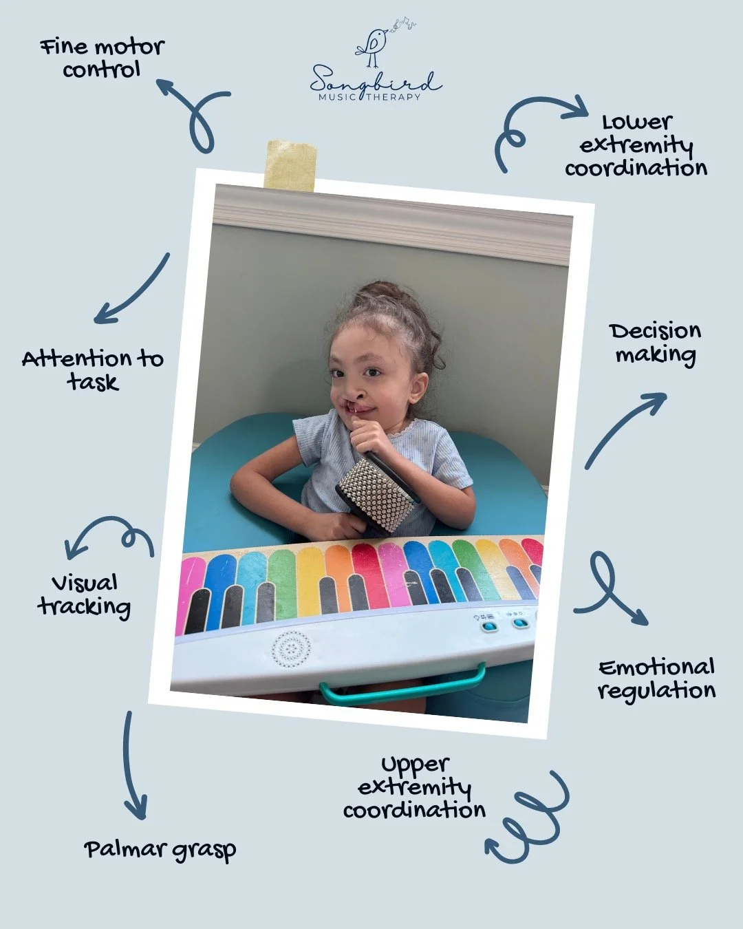 Music therapy is so much more than making music — it’s a powerful tool for growth and development!
In our sessions at Songbird Music Therapy, we work on meaningful goals such as:
- Communication and self-expression
- Sensory integration
