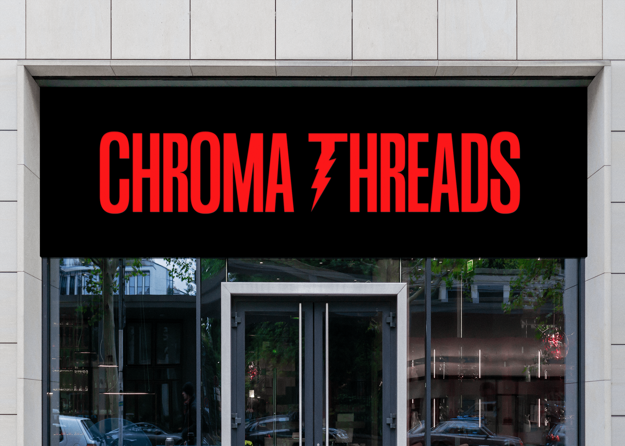 Sign on a building with black background and red text saying "CHARIKA TROPEAS" with a lightning bolt symbol in between.