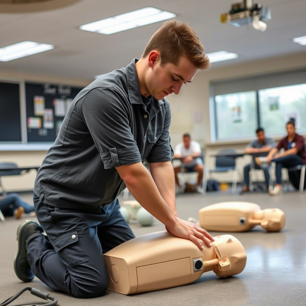 Young man performing CPR on a training mannequin in a classroom setting with students observing.