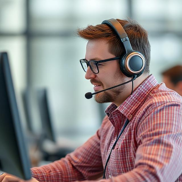 A man wearing a headset with a microphone, glasses, and a plaid shirt working at a computer.